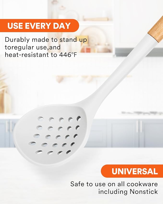 Kitchen Ladle Strainer, Large Slotted Spoon with High Heat Resistant BPA Free, Non Stick Cooking Skimmers For Draining & Frying, 13.2inch (White)