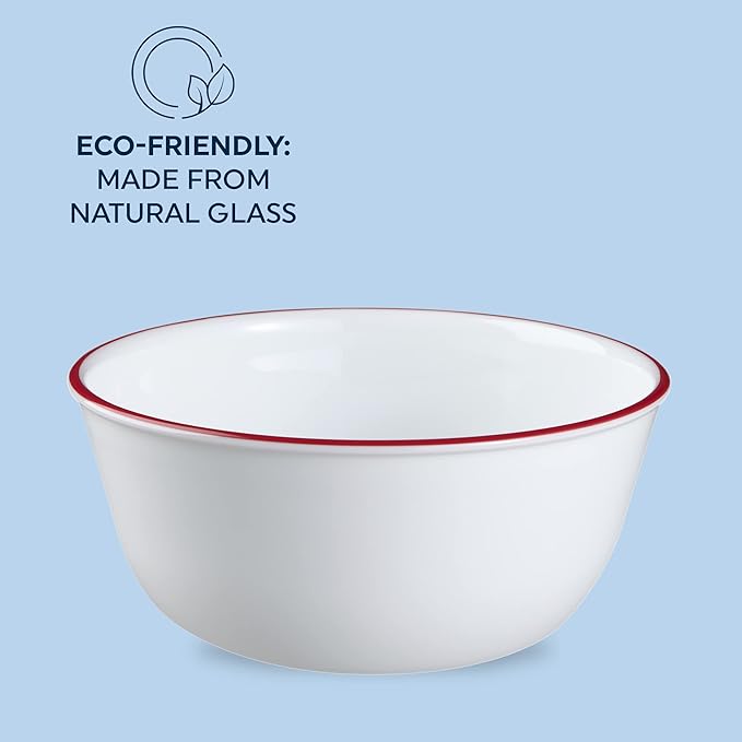 Corelle Vitrelle Glass 6-PC Bowls Set, For Soup Cereal & Dessert, Chip-Resistant & Lightweight Bowl Dinnerware Set, Red Banded 28 OZ