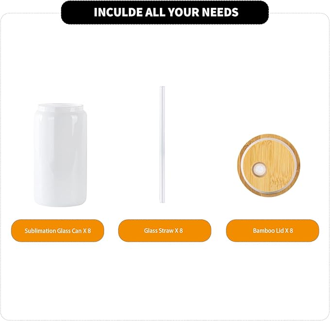 YOUKE OLA 20 Pack Sublimation Blank White Glass Cans Sublimation Beer Glass Cups with Bamboo Lids Borosilicate Glasses Tumbler Mason Jar Cups Mug with Straw for Beer, Juice, Drinks 16oz White
