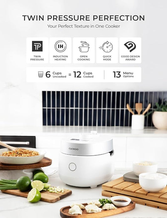 CUCKOO CRP-MHTR0309F | 3-Cup (Uncooked) Twin Pressure Induction Heating Rice Cooker | 11 Menu Options: High/Non-Pressure & More, Made in Korea | White, 3 Cups