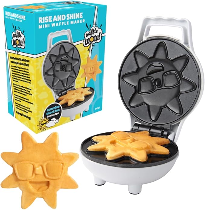 Rise & Shine Mini Sun Waffle Maker- Easter Basket Stuffer Gift, Personal-Sized 4" Sunshine Smile Individual Waffles for Kids Adults- NonStick Electric Iron- Breakfast Pan Cake, Morning Brunch Fun