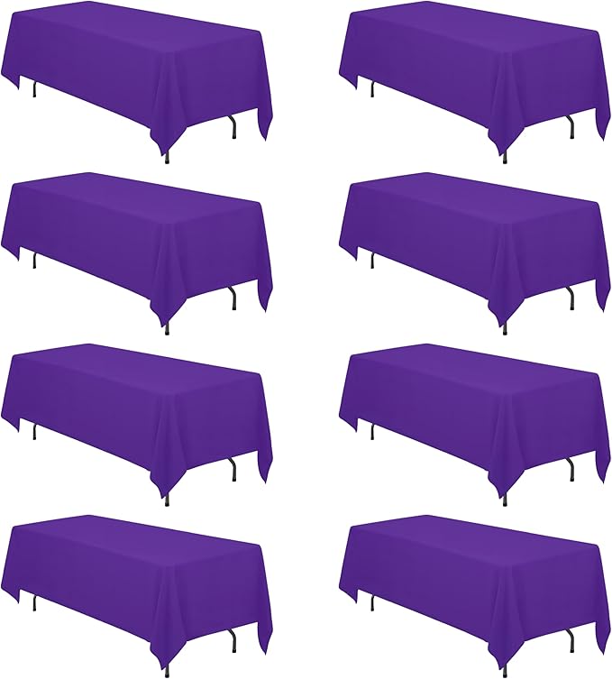 BRILLMAX 8 Pack Purple Tablecloths 70 x 120 Inch for 6ft & 8ft Rectangle Tables - 150 GSM Polyester Fabric, Universal Fit, Water, Stain & Wrinkle Resistant Cloth Cover for Wedding Reception Banquet