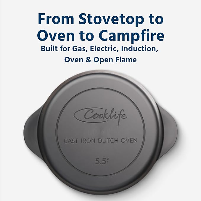 COOKLIFE 5.5 Quart Lightweight Pre-Seasoned Cast Iron Dutch Oven with Lid - Smooth Polished Surface, Easy to Clean Cast Iron Pot Use in the Oven, on the Stove or Grill, Over a Campfire