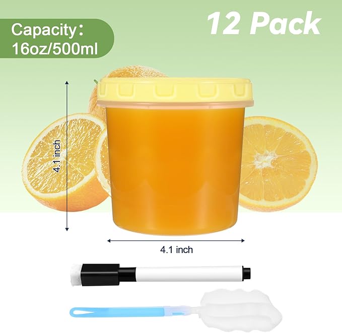 12 Piece 16 oz Plastic Food Storage Containers with Lids, Reusable Freezer Storage Containers, Meal Prep Containers with Pen and Brush, BPA-Free, Screw Top, Microwave & Dishwasher Safe