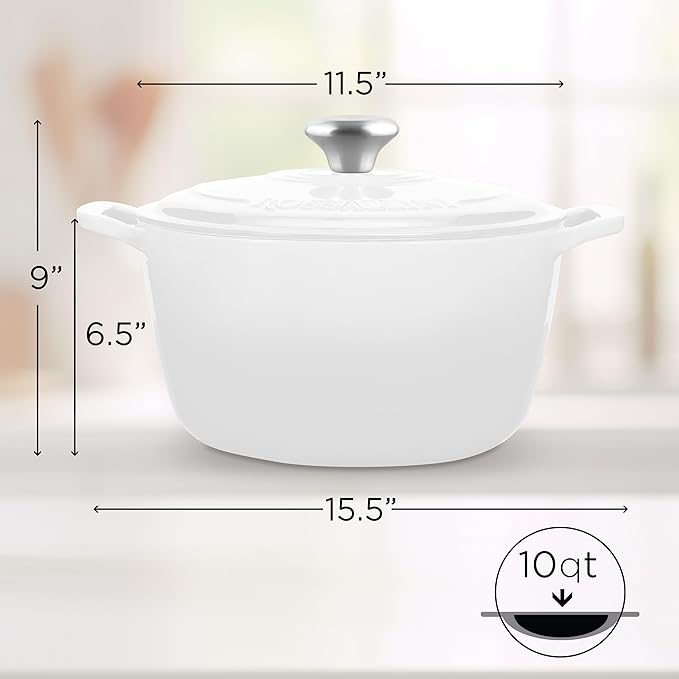 ROSSALLINI Signature Enameled Cast Iron Dutch Oven, Non-Stick Serving Pot with Tight Fitting Lid for Perfect Roasting, Baking, Sauteing, and Bread Making | 10Q (9.5L) - White