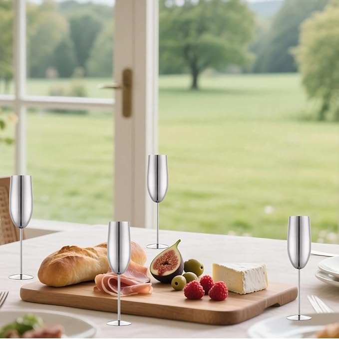 Stainless Steel Champagne Flutes Set of 4-Wedding &Birthday Gifts,8.5 Oz Unbreakable Champagne Glass with Long Stem,Reusable Indoor Outdoor Drinkware (Silver)