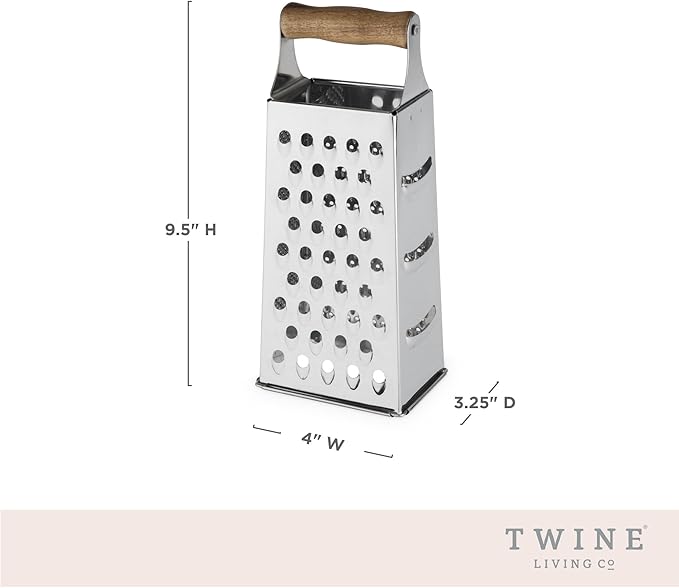 Twine Acacia Wood Handled Cheese Grater, Stainless Steel Grater, Citrus Zester, Reinforced Base, Vintage Kitchenware