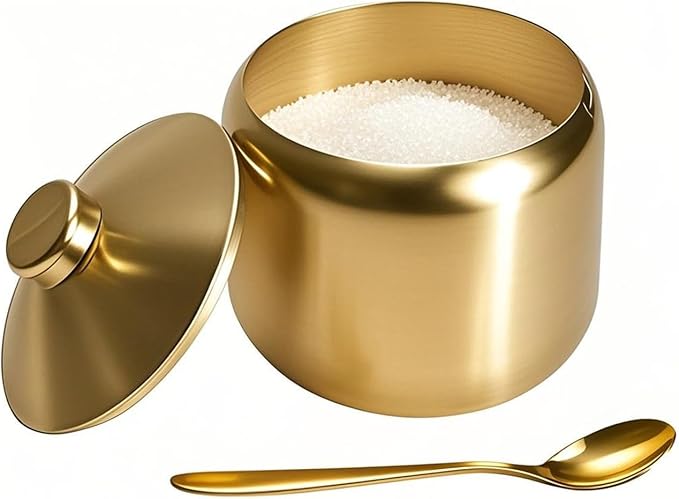 15oz Sugar Bowl with Lid And Spoon, Stainless Steel Sugar Creamer Container, Round Sugar Jar, Durable Sugar Pot for Coffee Bar Accessories, Coffee Bar Decor, Home and Kitchen Storage, Gold
