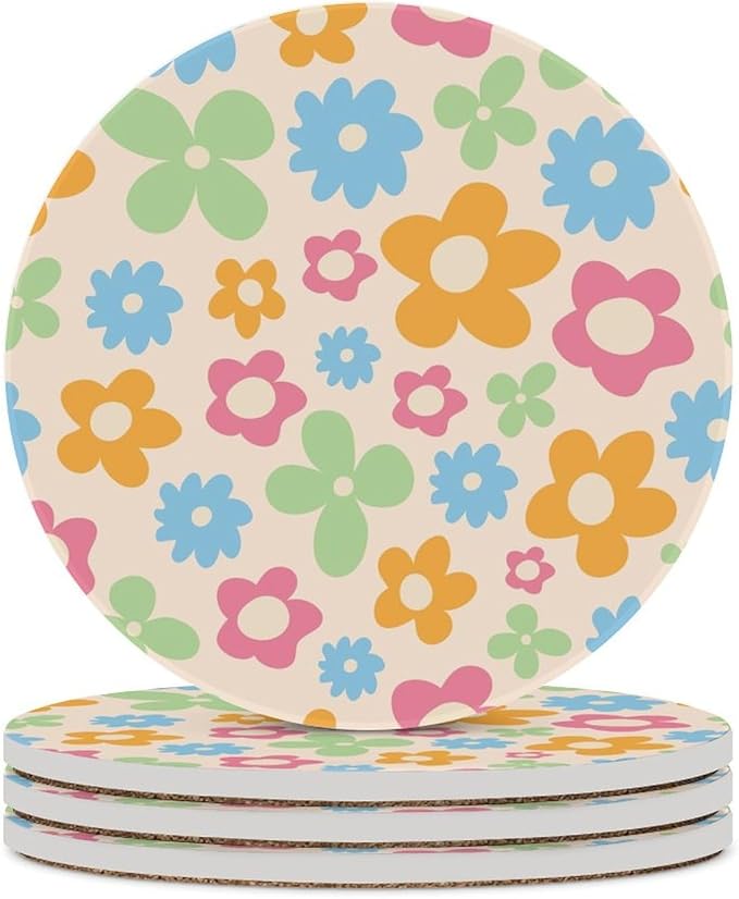 Floral Drink Coasters, Round Ceramic Drink Coaster Round-4PCS, Cartoon 70s Cute Flower Abstract Pastel Daisy Floral Decor Absorbent Ceramic Coasters for Beverage Cup, Bar, Coffee Table