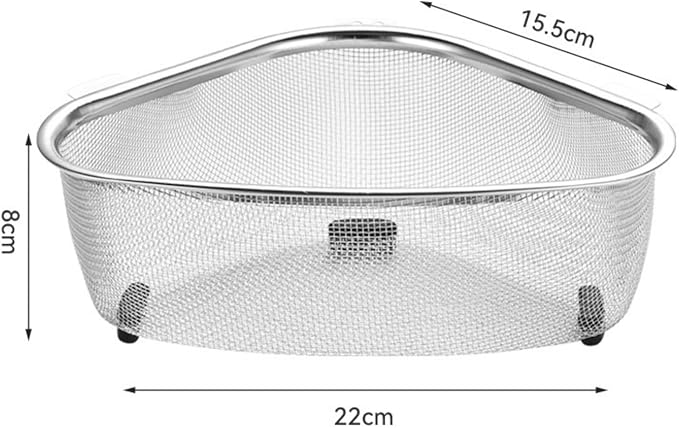22cm Triangle Drain Baskets for Kitchen Sinks, Stainless Steel Colander for Food Scraps Sponges and Brushes, Stainless Steel Colander for Pasta, Spaghetti, Vegetables, Fruit and Pot Draining (Silver)