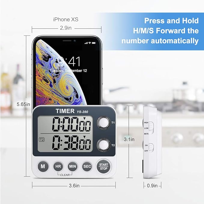 HomeMall Digital Kitchen Cooking Timer, Dual Count Up & Down with Magnetic Back, Large Display, Adjustable Volume and Flashing Alarm Light, ON/Off Switch Stopwatch, Battery Included