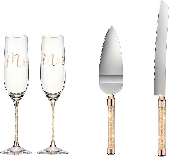 Wedding Cake Knife and Champagne Flutes Server Set | Bride & Groom Champagne Glasses | Toasting Glasses for Parties and Cake Cutting Set – for Wedding, Engagement, Bridal Shower Gifts(Gold)