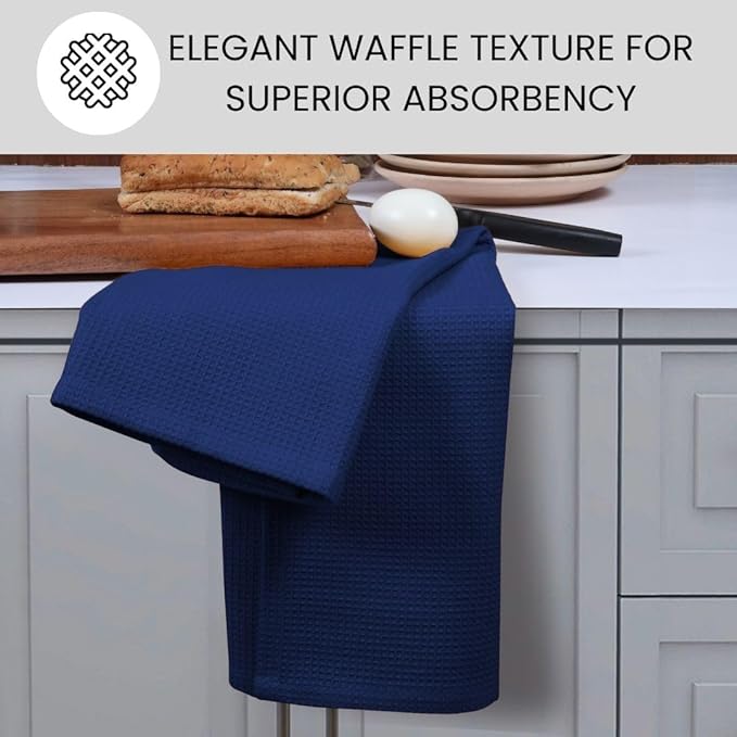 Waffle Kitchen Towels Large 16x26 inch 100% Cotton Set of 4 - Soft Absorbent Washable Tea Towel for Kitchen - Dish Cloths Quick Drying - 320 GSM Quality Dish Towel Blue