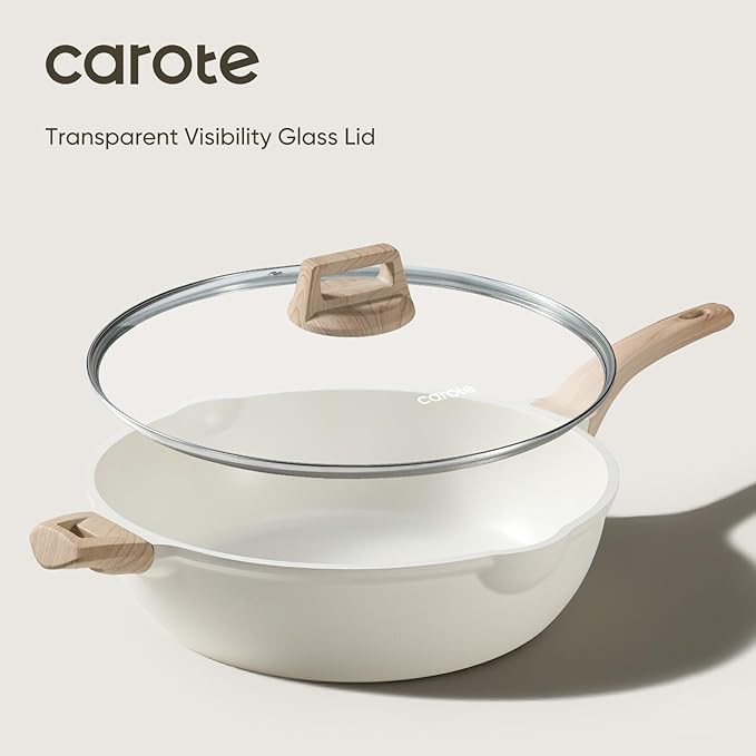 CAROTE 12.5Inch Nonstick Deep Frying Pan with Lid, 6.5 Qt Jumbo Cooker Saute Pan with Pour Spout, Skillet Induction Cookware, Non Stick Cooking Pan Kitchen Pan PFOA Free, White Granite