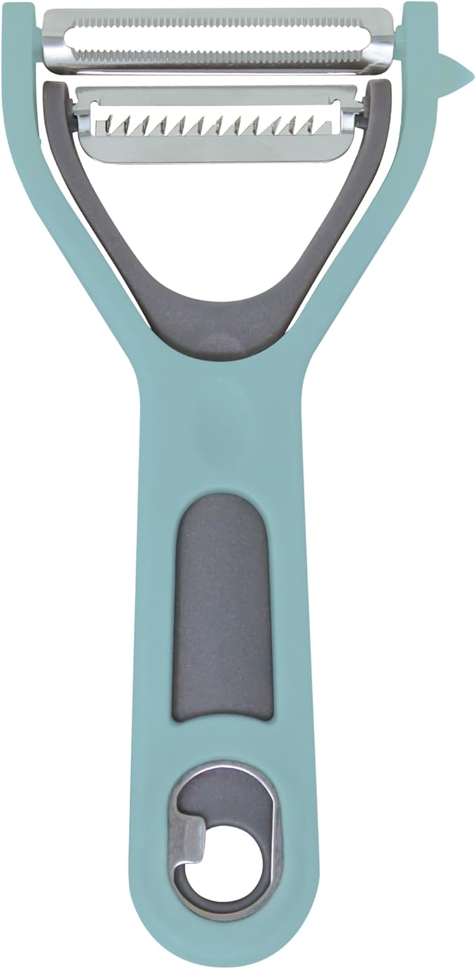 3 in 1 Vegetable Peeler – Julienne Slicer with Bottle Opener and Built-in Eye Remover – Stainless Steel Blade with Comfortable Handle – Potato, Cabbage, and Carrot Peeler for Kitchen – Pastel Blue