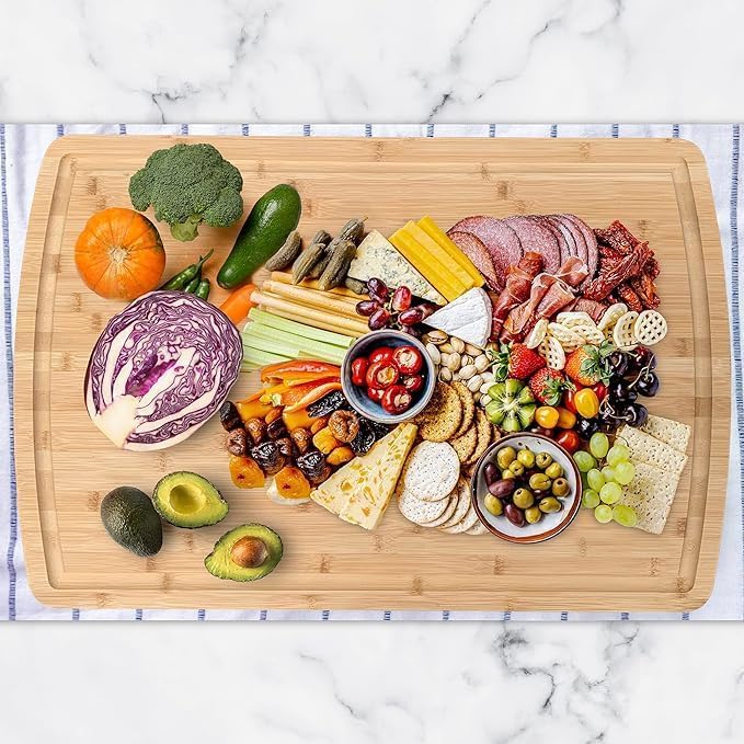 36" x 20" Bamboo Cutting Board for Kitchen Meal Prep and Counter Protection with 8” Stainless Steel Chef Knife, Extra Large, Thick and Heavy Duty, Deep Juice Groove for Meat, Vegetables