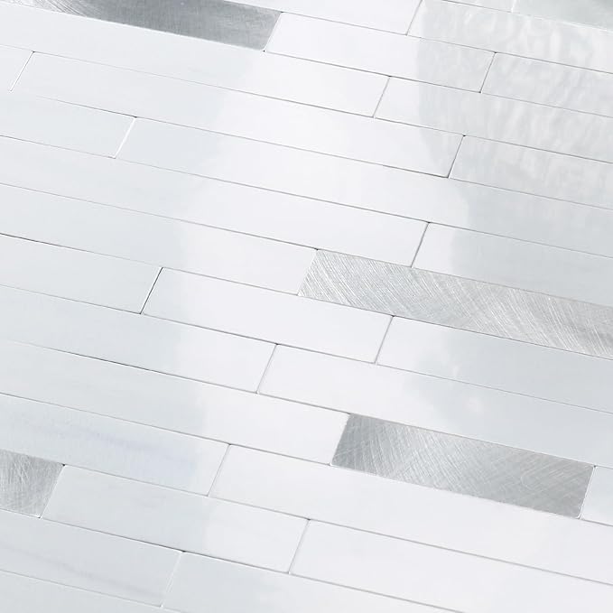 Yipscazo 2 Sheets Peel and Stick Stone Metal Backsplash Tiles, PVC Wall Tiles Stick on Backsplash for Kitchen, Bathroom (6'' X 12'', White with Grey)