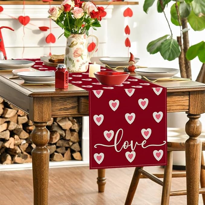 Valentine's Day Table Runner Linen Red Love Heart Table Runner Love Cloth Dresser Scarves for Valentines Holiday Home Kitchen Dining Style Table Decoration (13*72 Inch)