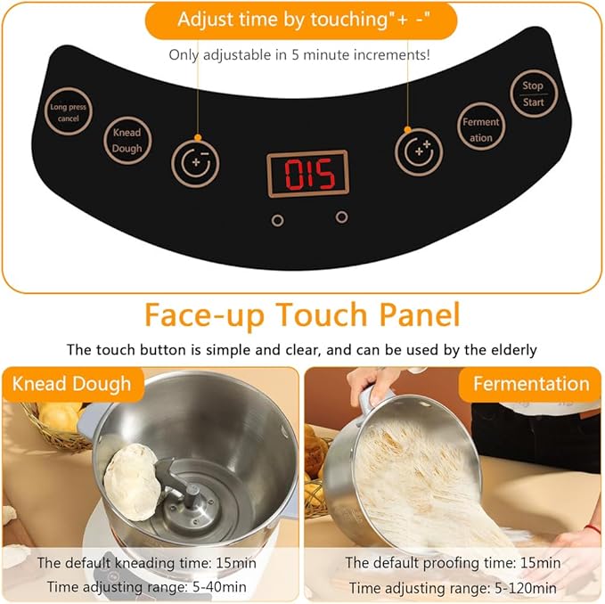 QCQDL Electric Dough Maker Machine with Fermentation Function, 7L Large Capacity Household Dough Mixer, 304 Stainless Steel, Microcomputer Timing, Front Touch Panel, Gray,7L