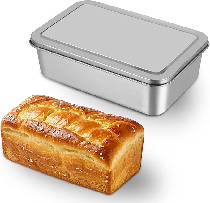 Kichvoe Stainless Steel Loaf Pan with Lid - Non-Stick Bread Pan for Baking | Rectangle Toast Mold Metal Bakeware for Homemade Meatloaf, Cakes, Brownies, 9.05×5.90×2.55 Inch