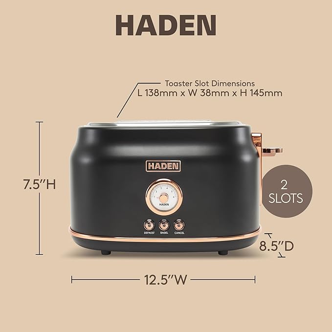 Haden Dorset 2-Slice Wide-Slot Toaster, Stainless-Steel Bread Toaster with Adjustable Browning Control, Crumb Tray & Non-Slip Feet, Black & Copper