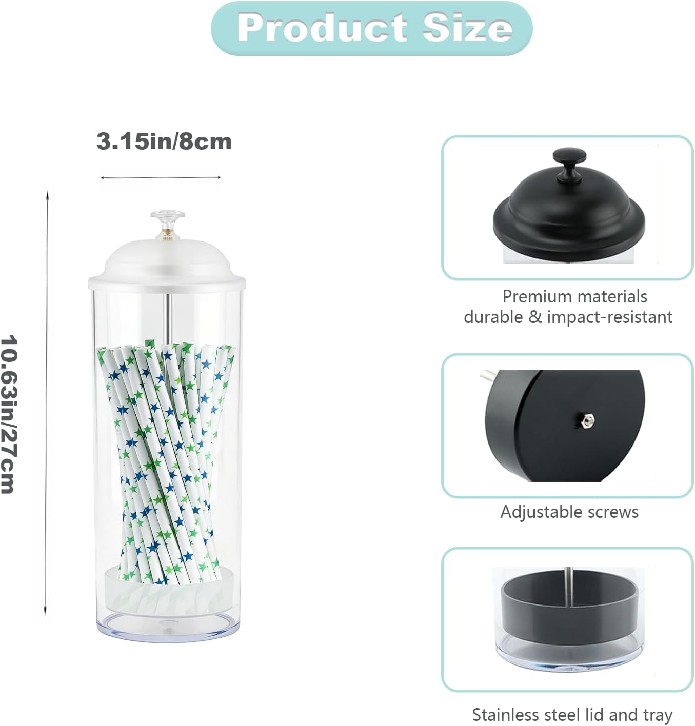 Straw Holder,Straw dispenser with Stainless Steel Lid,Holds straws up to 8.5 inches,for home kitchen,countertop,restaurant Drinking straw container(White)