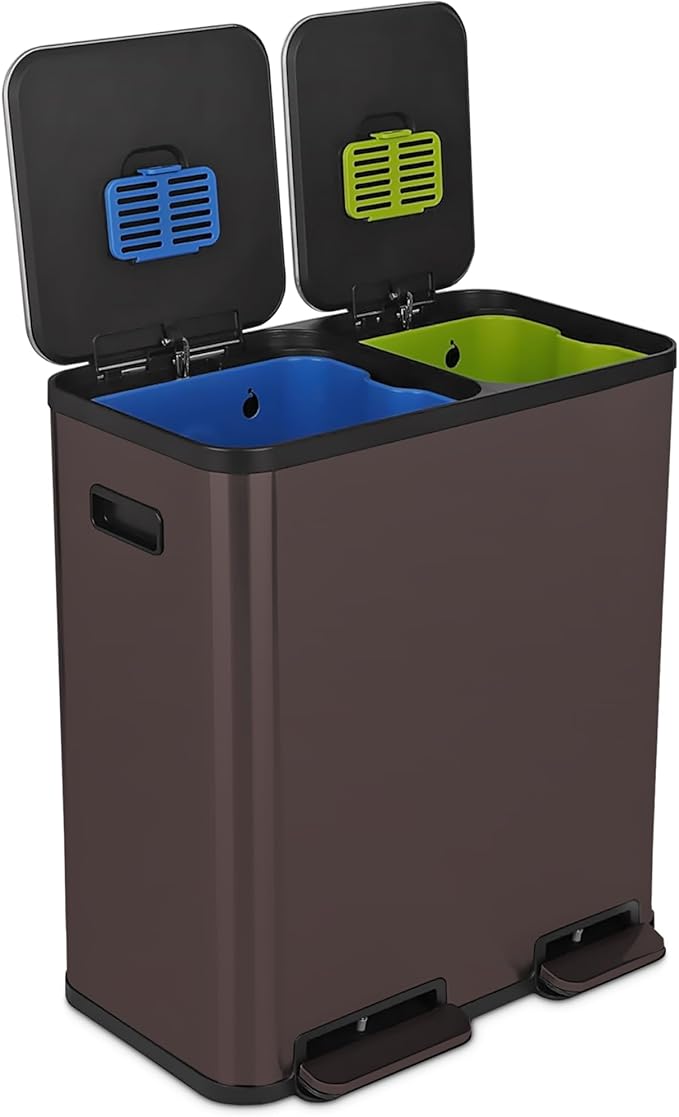 Simpli-Magic 70 Liter / 18.5 Gallon Rectangular Hands-Free Dual Compartment Recycling Kitchen Step Trash Can with Soft-Close Single Lid, Stainless Steel (40L x 30L Capacity), Brown