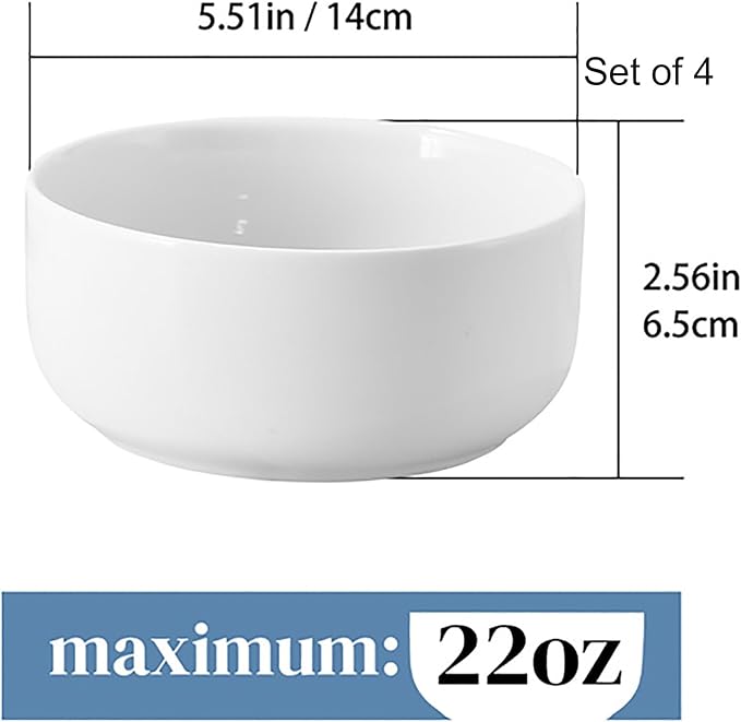 fMBB MBB 22 Oz White Ceramic Bowls Set of 4, for Soup Cereal Ramen Oatmeal Fruit Salad Pasta and Rice, Breakfast Bowls Kitchen Serving Bowl for Home Restaurant Hotel, Dishwasher & Microwave Safe