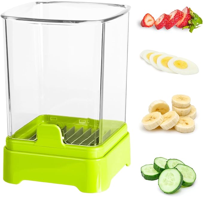 3-in-1 Strawberry Banana & Egg Slicer Cup | Detachable Fruit Cutter with Push Plate for Effortlessly Safe Slicing | Quick Meal Prep & Snacks Kitchen Gadget (Food green)