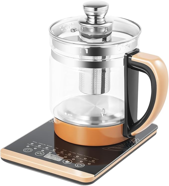 Bepritm 1.8L Multifunctional Electric Glass Kettle & Health Pot – 100-800W Hot Tea Maker, Auto Boiling Water Kettle with Filter, for Coffee, Herbal Decoction & Soup (110V) (Brown)