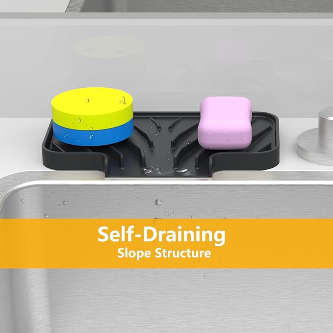 Sponge Holder for Kitchen Sink,6"×4" High Slope Soap Tray, Silicone Sponge Holder with Drain, Dish Soap Mat for Shower Bathroom, Perfect for Bottle,Cup on Sink or Counter (Black, 6×4)