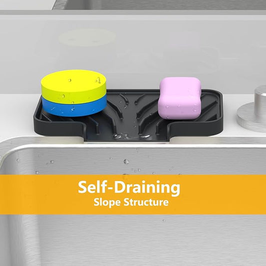 Sponge Holder for Kitchen Sink,6"×4" High Slope Soap Tray, Silicone Sponge Holder with Drain, Dish Soap Mat for Shower Bathroom, Perfect for Bottle,Cup on Sink or Counter (Black, 6×4)