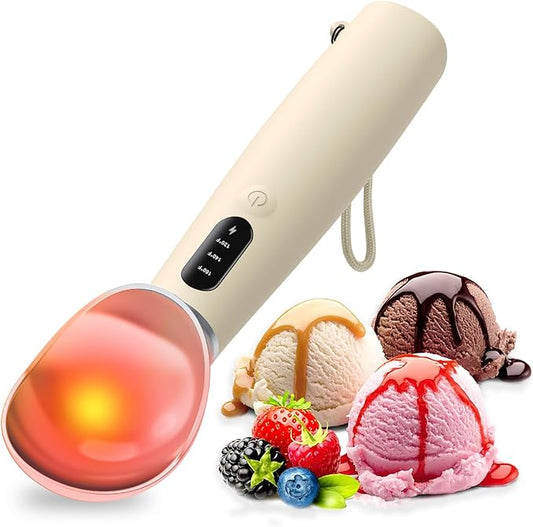 Heated Ice Cream Scoop Rechargeable, IP67 Waterproof Electric Warming Ice Cream Scooper with LED Display, Heats to 70°C for Hard Ice Cream, Easy for Seniors & Kids (Beige)