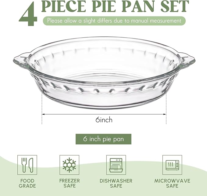 Uiifan 4 Packs 6 Inches Mini Glass Pie Pan for Baking 11.6 oz Clear Pie Plate with Handles Round Glass Dish for Baking and Serving,snacks, Salads, Desserts