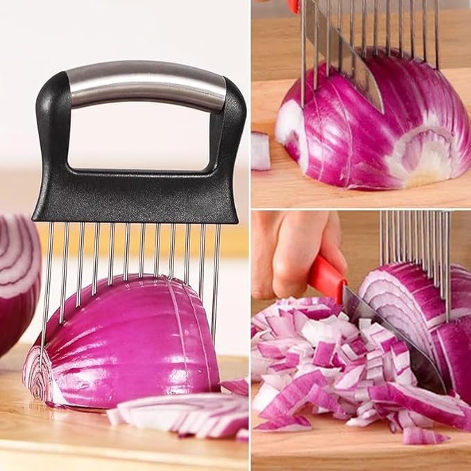 Onion Holder for Slicing, Onion Cutter Vegetable Chopper, Stainless Steel Slicer for Potato, Avocados, Eggs, Food Slicer Assistant Tool for Fruit Lemon and Meat (2)