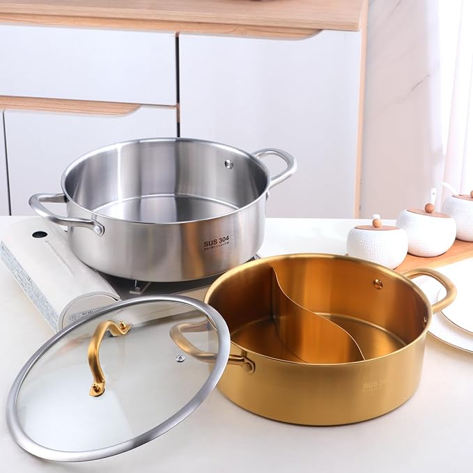 BOOTLION 11.8 Inch Stainless Steel Shabu Hot Pot with Divider, Glass Lid Dual Sided Stockpots, Slotted Spoon and Soup Ladle for Induction Cooktop Gas Stove，Dishwasher safe (Silver)