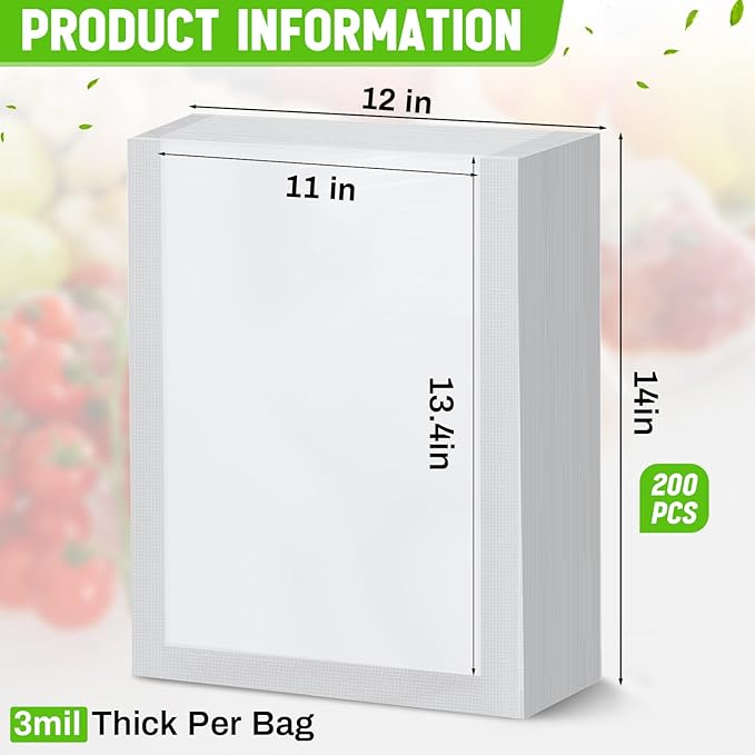 Woanger 200 Count Vacuum Sealer Bags for Food Clear Vacuum Chamber Sealer Bags 3 Mil 12" x 14" Bpa-free Grade Pouches for Food Storage