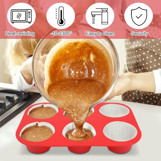 2PCS Silicone Muffin and Cupcake Pan - 6 Cup Non-Stick Mini Baking Molds, Reusable Tin for Brownies, 2 Trays Overlapped (Red, 9.45x6.5x1.57 Inch)