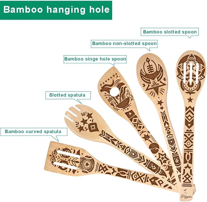 Ancient Totem Retro style Gift Idea Cooking Serving Utensils Natural Bamboo Kitchen House Warming Presents Slotted Wooden Spoons for Cooking Utensils Set of 5…