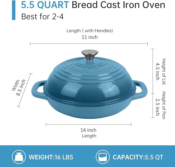 Fijxzct Premium Enameled Cast Iron Dutch Oven for Bread Baking | Non-Stick 5QT Oval Bread Oven with Lid | Perfect for Sourdough, Loaf, and Artisan Baking (Round Blue, 5 QT)