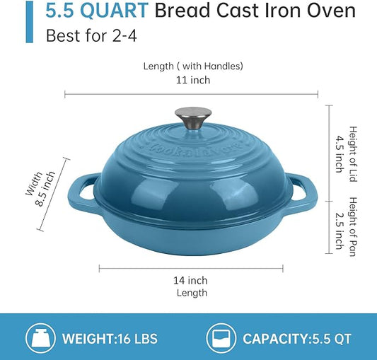 Fijxzct Premium Enameled Cast Iron Dutch Oven for Bread Baking | Non-Stick 5QT Oval Bread Oven with Lid | Perfect for Sourdough, Loaf, and Artisan Baking (Round Blue, 5 QT)