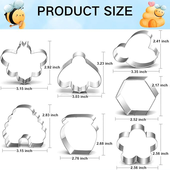 Bee Cookie Cutters Set - 3 Inches - 7 Piece - Beehive, Flower, Honeycomb and Honey Jar Stainless Steel Biscuit Molds for Honey Bee Party Decoration Favor