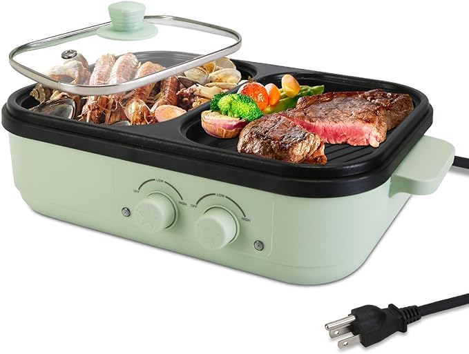 iMounTEK Electric Hot Pot with Grill 2-IN-1 Hot Pot and Frying Pan Portable Non-Stick Pot and Griddle Electric Cooker Pot with Glass Lid Fast Heating BBQ Steaks Noodles for 1-2 People Party