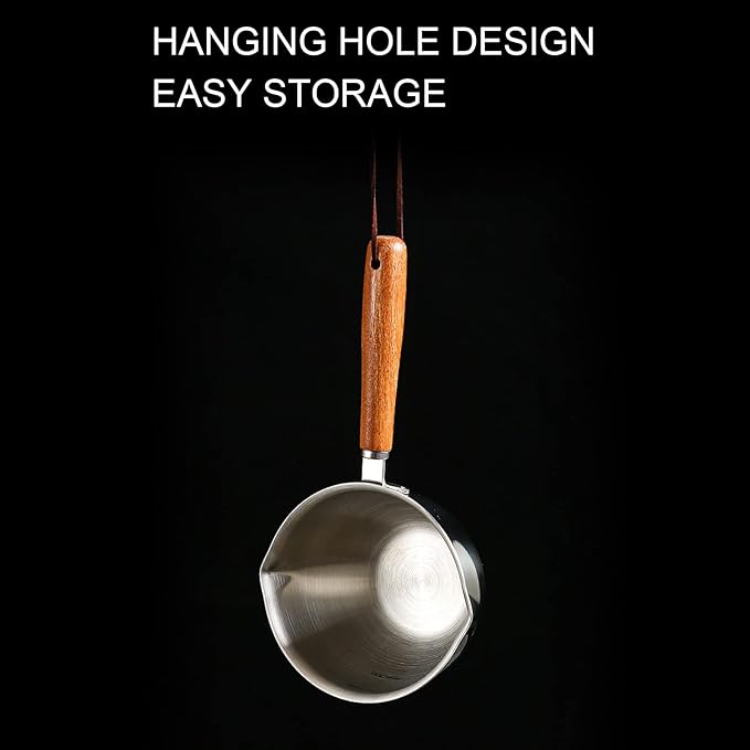Fdit Mini Melting Pot, 450ml Wood Handle 304 Stainless Steel Measuring Spoon Hot Oil Pan Oil Pan With Wooden Handle Warmer Turkish Coffee Pot