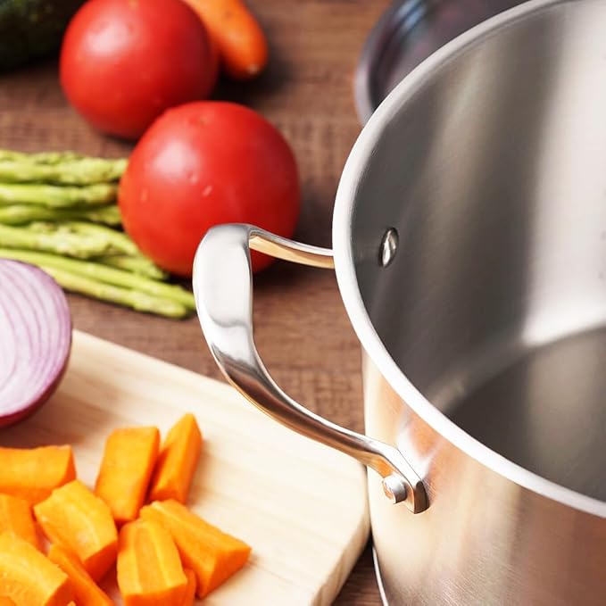 HOMICHEF 3.5QT Silver Nickel Free Stainless Steel Stockpot with Lid - Matte Polished, 8 Inch Wide, 7.6MM Thick Base, No Non-Stick Coating, 4.5 lbs