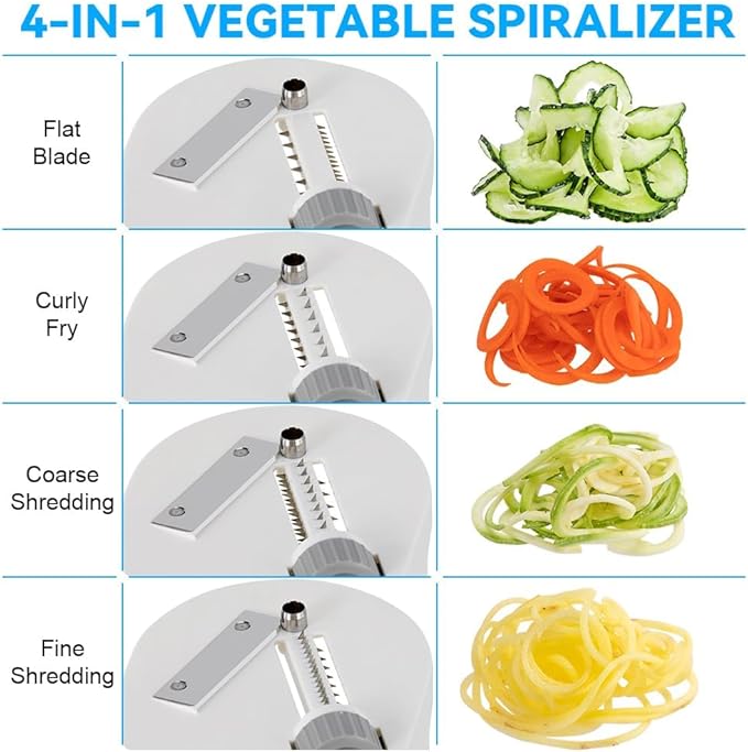 Maxceysen Vegetable Spiralizer 4in1 Rotating Blade Veggie Spiralizer Zucchini Noodle Maker with Strong Suction Cup Spiral Vegetable Cutter Slicer