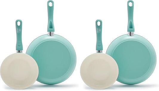 GreenLife Soft Grip Healthy Ceramic Nonstick 7" and 10" Frying Pan Set, Non Toxic PFAS & PFOA-Free, Dishwasher Safe, Egg Omelet Skillet, Cookware for Easy Cooking, Kitchen Essentials, Turquoise