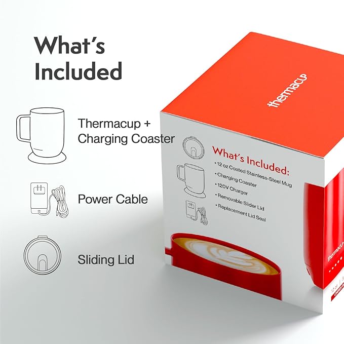 THERMACUP Premium Heated Coffee Mug with 5 Temperature Settings, Industry-Leading Smart Electric Cup, Up to 8-Hour Battery, 12oz with Lid (14oz Total Capacity), Cherry Red