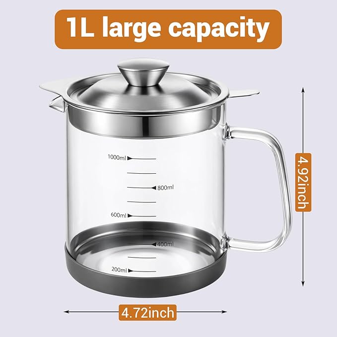 Glass Bacon Grease Container with Strainer Cooking Oil Storage Can Food Strainers with Stainless Steel Filter Lid Silicone Nonslip Pad for Storing Fats Frying Oil Cooking Grease (1l / 35oz)