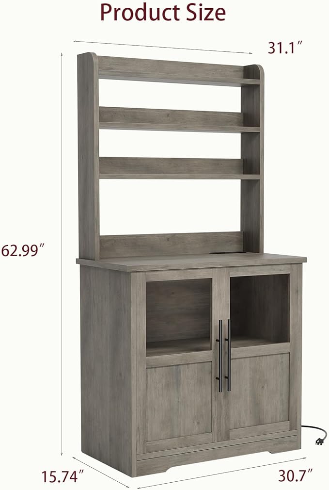 IDEALHOUSE Bakers Rack With Storage Cabinet, Microwave Stand With Power Outlets, Farmhouse Bakers Rack With Thick Table Top, Small Kitchen Pantry for Kitchen,Dining Room,Retro Gray